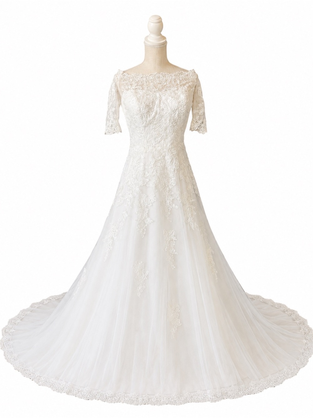 David's Bridal Lace A-Line Wedding Gown with Illusion Boat Neck Size 14